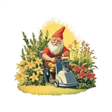 A Garden gnome, equipped with a miniature lawnmower and gardening tools, meticulously trims hedges and maintains a well-groomed garden. The golden sunlight bathes the scene, enhancing the vibrant greenery and creating a tranquil setting. This clipart-style design features sharp lines and a dreamlike quality. Sunshine, white background, style of Pierre-Joseph Redoute, as clipart, single design, sharp lines, dreamy.