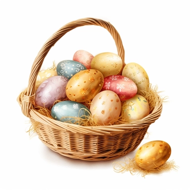 a clipart should feature an white Easter basket filled with golden eggs The white basket could be decorated with diamonds or Gold accessories , and there could be some grass or flowers around it. The treats could be arranged in a neat and colorful display, with some items spilling out of the basket to make it look more inviting.