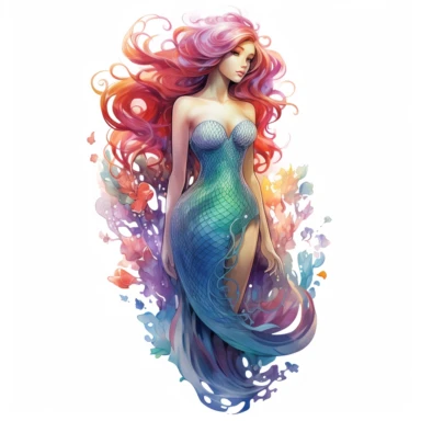 clipart isolated of a beautiful mermaid total body with a fishtail and long rainbow hair, watercolor