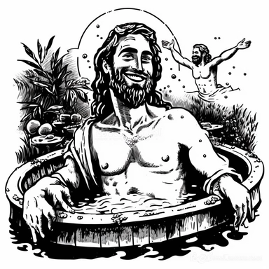 a black and white clipart of a happy jesus christ relaxing in a hottub