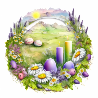 A beautifull Easter candles and eggs lying on the grass,daisies and lavenders,a sunny day, a lively and coloured landscape, watercolour effect, Suitable for Digital Clipart , White Background, fantastic scene , Kids storybook style, detailed , ultra realistic , in a flowering circle frame