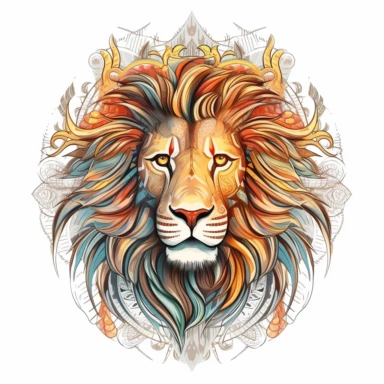Nubian Lion on a white background in the style of elemental forms, rounded, clipart, realistic portrait, swirling vortexes, religious iconography, scientific accuracy, color splash, detailed sketching