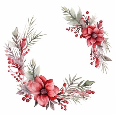 watercolour Christmas floral round wreath frame clipart solid white background