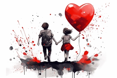 cute beutiful girl and boy holding hands, red half of the heart shape balloon geometric minimalist , valentine's day, top view, running in Tokyo, ink, Ghibli style, 8k, Leyka 35mm very detail clipart on white background space out 8k