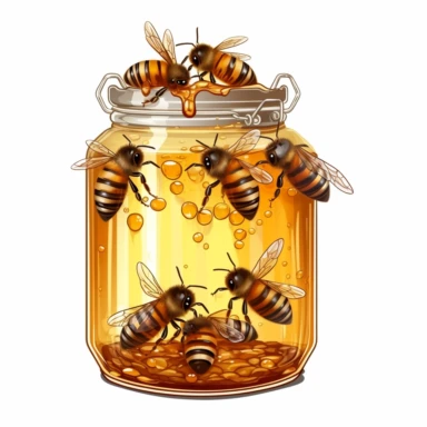 honeybee seitting on a transparent glass jar filled with honey, clipart on a white background, clipart transparent background, clipart sticker