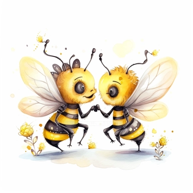 two yellow with black highlights cute and cuddly dancing honeybees who are in love beautiful gothic fantasy clipart, fantastical 3d, watercolor, white background