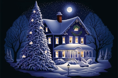 Stunning Vector clip art Christmas scene. frosty winter evening, snow is falling gently outside. The Christmas scene is one of festive cheer, as a cozy house is adorned with twinkling Christmas lights and colorful decorations. A tall Christmas tree with ornaments, gifts, decorations stands proudly in the front yard, its branches glistening with snow. The house itself is a picture of holiday cheer. Its windows are adorned with wreaths and garlands, and a wisp of smoke curls from the chimney. The 