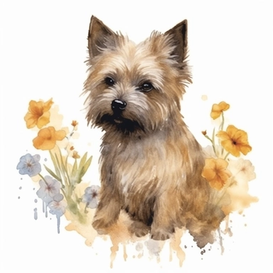 botanical watercolor clipart, Cairn Terrier, isolated on white background, Margaret Mee, Pierre-Joseph Redouté, Sydney Parkinson, 8k