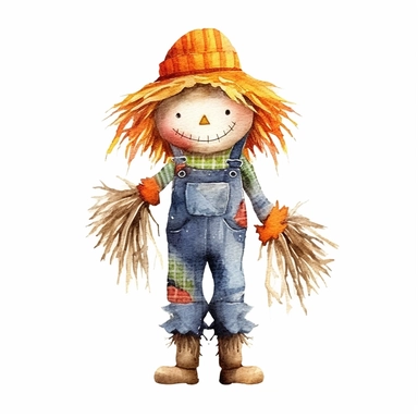 Halloween scarecrow, full color, knitted painting texture, Perfect for nursery art and children's book illustration style, simple, cute, full color, clipart, watercolor illustration, single object, high definition 8k,white background for removing background - - no text shadow font watermark