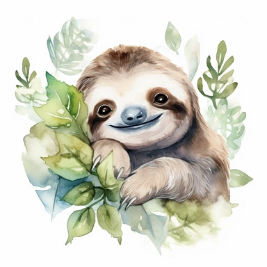 watercolor clipart, white background, charming cute and adorable perfect sloth having fun, perfect for stickers, perfect for print on demand
