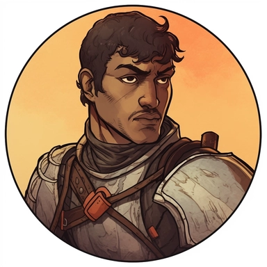 A Dungeons & Dragons character portrait circular tondo depicting a dark-skinned desert onsen knight, Craig Mullins Ashley Wood Bernard Buffet Josh Kirby, Mad Max Lord of the Rings Discworld, handpainted punk zine indie retrowave, clipart illustration, circular solid background circular border