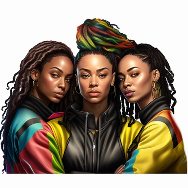 clipart style white background three beautifully stunning well built group of african American women with goddess locs in a desiginer nike sweat suits on standing up confident with her arms folded slightly smiling with beautiful brown flawless skin long beautiful eyelashes , unreal engine photorealistic, Canon 8k polished in the style of lisa frank, charlie bowater, focused