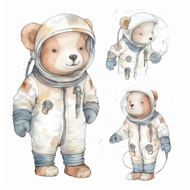 Outlined watercolor illustration, astronaut bear, clipart set, white background with margins, 8k
