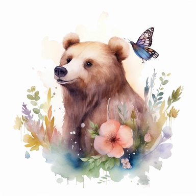 Generate a cute, happy cartoonish watercolor-style clip art of a mystical brown bear on its back, in pastel light tones, Oak tree, birds, leaves, and flowers around the brown bear, white canvas, white background, high detail, 8k
