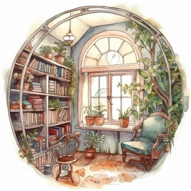 a watercolor clipart of a bookroom with a big oval window, white background clipart, plants and nature, in the style of darkly romantic illustrations, uhd image, studyplace, fairycore, charming character illustrations, embroidery art, lively nature scenes
