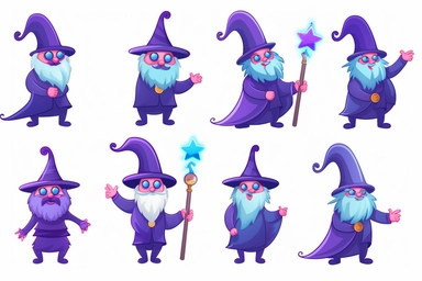 6 Cute purple blue Wizards Master with magician trophy Clipart, on white background, 4K, Ultra-HD, wizardcore