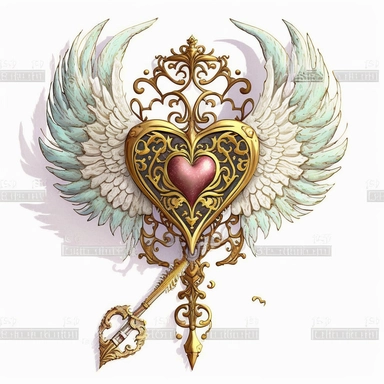 golden key with wings, with a heart, elven filigree, watercolor clipart, white background, high detail