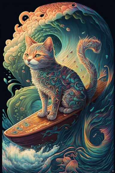 a painting of a cat sitting on a surfboard on a wave, behance contest winner, psychedelic art, paisley, beautiful waves in sea, james jean and clyde caldwell, clipart, hi - fructose art magazine, katherine lam, artgram, marc newsom, sovietwave, 8 8 8 8