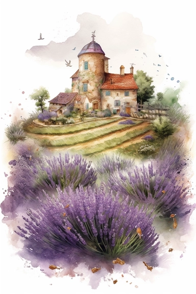 illustration watercolor art of cute lavender, provence, meadow, village, small and colorful particles, masterpiece by Jean-Baptiste Monge style and by Vladimir Kush style and by Hans Zatzka style, rococo style, PNG clipart, isolated on white, extreme photorealistic details, 32k HD resolution, realistic high detailization high resolution