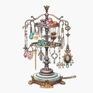 Victorian Jewelry Stand: Create a clipart featuring a Victorian-inspired jewelry stand with hooks or branches for hanging necklaces, bracelets, and earrings, watercolor Clipart, watercolor Sublimation graphics, hand drawn illustration by james christensen style, Watercolor clipart, single design, single object, print on demand image, PNG transparent background, white background for removing background - - no text shadow font watermark, 8k