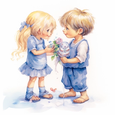 a cute little girl about three years old, with pigtails on her head and blonde hair, wearing a flowing lila dress and socks on her feet, receives a flower as a gift from a cute boy with rosy cheeks about 4 years old, who is in love in her and she is verry happy about it, babyblue, lila, white aquarell, clipart