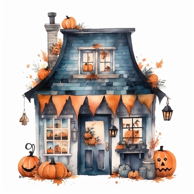 watercolor cute vintage tiny Halloween shop with Halloween style decor clipart on white background, blue and orange color scheme, fall, tiny Halloween shop, photorealistic, ultrarealistic, no background, on white