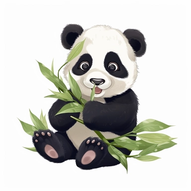 Generate a crisp clipart, pre-cropped image of a cute baby panda munching on bamboo leaves, pure white background