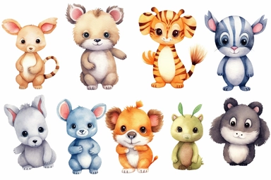 cute and friendly baby factory animals clipart, storybook style, HD, spaced out, isolated white background