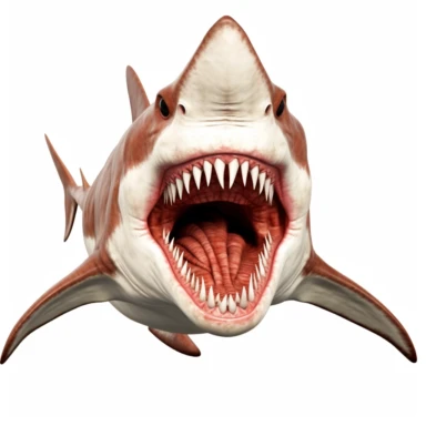 Clipart of a great white shark in front view with a fearsome open mouth without water in front of white background