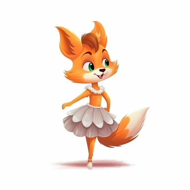 Character cute little fox ballerina in ballet tutu dancing, in profile, 2D, vector, good quality, Pixar children's book illustration, vector, cartoon character, hand drawn, clipart