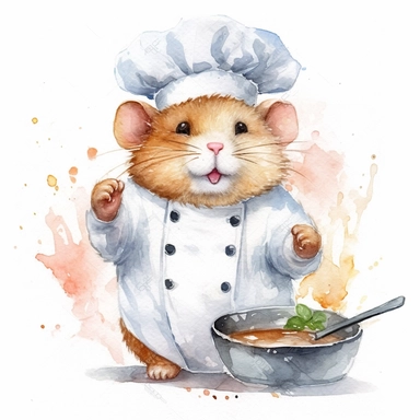 watercolor clipart, A cute chubby hamster, in style chief, ultra detailed, wearing a chef's hat, Cooking food in the kitchen, tasty, white background, high solution