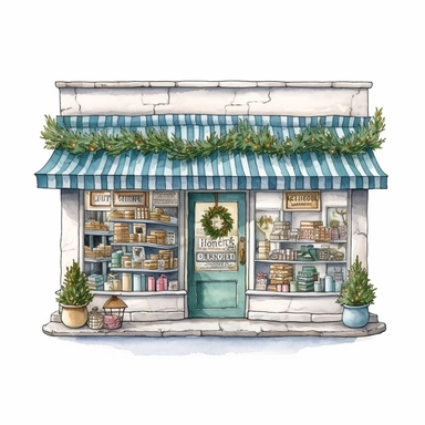 Christmas Pharmacie Storefront Clipart , create festive garlands or wreaths on the pharmacy counter. Display holiday-themed health and wellness gift sets. Hang posters promoting winter wellness tips and holiday safety precautions single object ,hand drawn illustration, no shadow, cozy ,soft color , warm ,white background with margins, hand drawn illustration,highly detailed ,white background for removing background