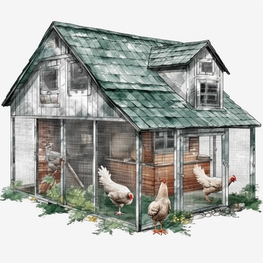 On a white background, watercolor green chicken house clipart ultra realistic detailed