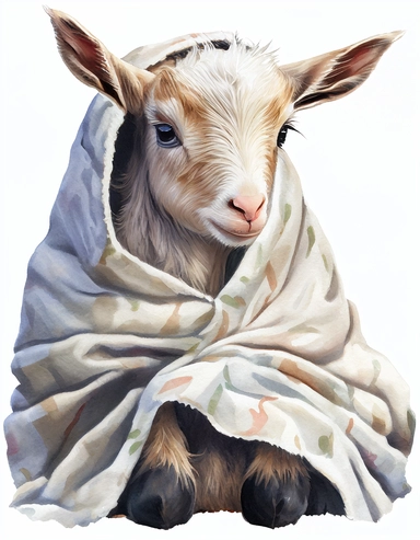 baby goat in a blanket, watercolor clipart, transparent background