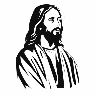 Simple outline of Jesus, minimalist, black on white, lineart, 2d flat file, silhouette, clipart, svg, vertorized, cut out, coloring page, really smooth black edges, no small sharp edges, no small white areas