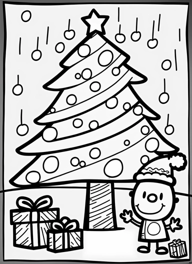 line art, black and white, christmas tree with presents, decorations, happy scene, cartoon sketch, coloring page for kids, coloring page for children, thick lines, realistic, drawing, printable outlined art, crisp lines, No background, clip art, hand drawn, No shadows, drawing, No gray, no shades, high contrast. The line art should be clean and crisp, with uniform thickness and minimal shading, to provide a user - friendly coloring experience.