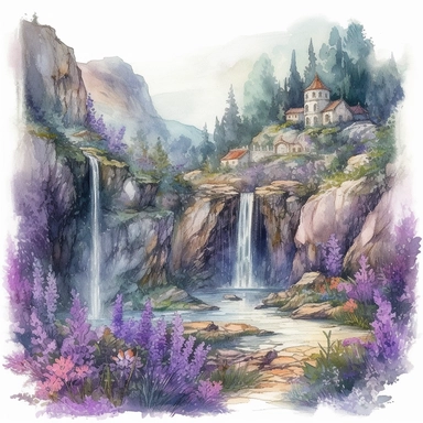 isolated on white illustration watercolor art of a elegant part of waterfall, the landscape from the garden with lavender and a road going into the mountains, a lot of lavender, masterpiece by Hans Zatzka style and by Josephine Wall style and by Alexander Jansson style and by Ivan Fedorovich Choultse style, Art Nouveau Architecture, PNG clipart, isolated on white, extreme photorealistic details, 32k HD resolution, realistic high detailization high resolution