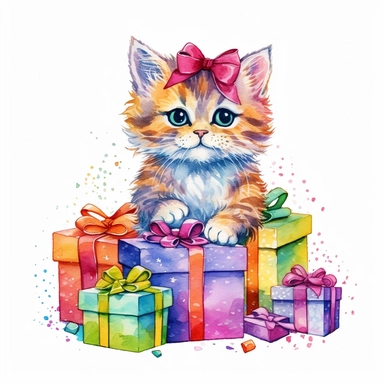 please create watercolor clipart of a cat, smiling, wearing party clothes with birthday presents, vibrant colors,intricate details, isolated on white background, vivid colors, hdr, 8k