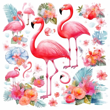 clipart flamingo clip art set for summer decor, in the style of saturated pigment pools, collaged elements, poured resin, colorful sidewalk scenes, translucent water, playful collage, neo-kitsch