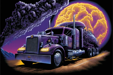 High-Definition Airbrush Clipart, a souped-up semi truck cuts a path of blistering rubber down the tarmac of Wabash Cannonball. The 'Sand Mountain Scud Hauler' is behind the wheel and hauling a load of coal tar. The flames light the night against the tarmac in the blazing-fast truck's wake. The night is purple and bananas and the storm is a-rollin' in. The Riders are on The Storm as it comes rolling in through the wide open great plains. This is one MEAN son of a gun. Tobacco spittle stains the 