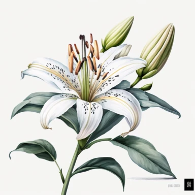 Watercolor realistic detailed white tiger lily clipart, white background, no text