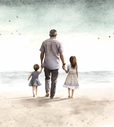 DESIGN A MAGNIFICENT AND EXQUISITE BREATHTAKING ONE-OF-A-KIND HIGH QUALITY HIGHLY DETAILED MASTERPIECE WATERCOLOR CLIPART ILLUSTRATION OF A man and his children on the beach, in the style of soft watercolours, gray and bronze, sigma 85mm f/1.4 dg hsm art, commission for, sublime, stylish, ULTRA REALISTIC, WHITE BACKGROUND, NO FONT, NO TEXT, NO WORDS, NO WATERMARK