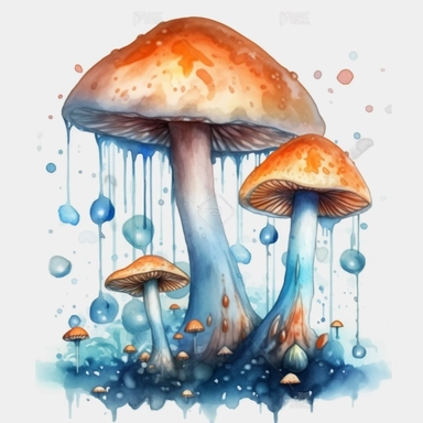 mystical magic mushrooms print and illustrated clipart, in the style of realism with fantasy elements, drips and splatters, hyper-realistic water, light orange and blue, uhd image, soft watercolours, mesmerizing, colorscapes, white background, 8k