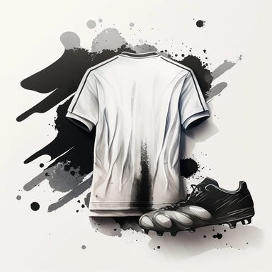 a watercolour drawing of the back of a white soccer shirt with black trimming, a black and white soccer shoes next to a black and white soccer ball lay in front, black and white, unbranded. painting, photorealistic brush strokes, geiger art, watercolor, ,