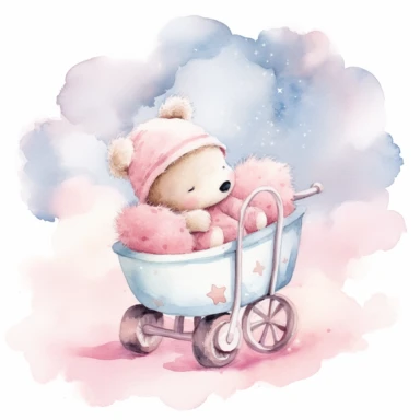 clipart, a whimsical illustration of a contented, loving and angelic baby teddy bear, wearing pajamas and pajamas hat, sleeping on a baby cart, surrendered by pink fluffy clouds, Use a smooth and light watercolor technique to give the artwork a dreamy and ethereal quality