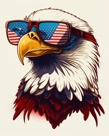 Patriotic Eagle wearing American flag sunglasses, cartoon style,upbeat celebration mood,vintage styl, clipart graphic,vector,contour,white background,
