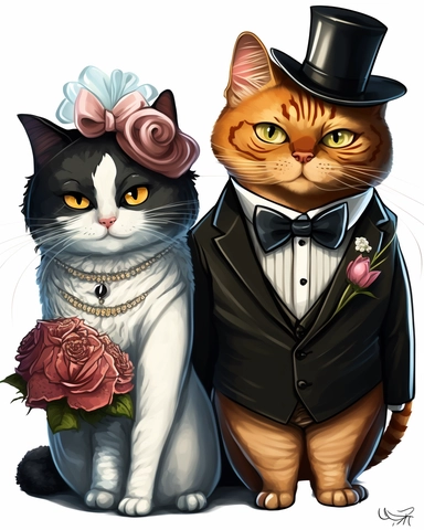 clipart of bride is a cat with a wedding dress on the groom is a cat with a tuxedo on a cat getting married