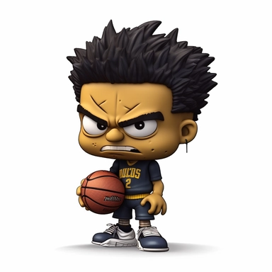 ClipArt, a chibi basketball player male with a sinister-looking face, holding a basketball head, wearing a dark colored ripped and torn basketball jersey, with a backpack with body parts hanging out, realism, Simpsons art style, with a white background ar-- 2:3