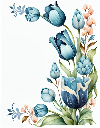 detailed watercolor blue tulip corner border , isolated on white background, realistic, clipart