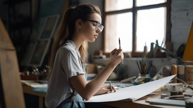 Woman designer and jewelry artist on background of Workshop. Holds clipboard and pen. Sketch development. . copy space photojournalism, soft focus